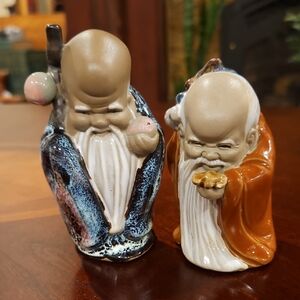 Chinese Mudman Art Pottery Glazed Shou Lao Figurines, God of Longevity